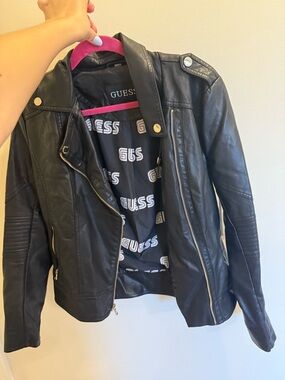 GUESS Black Faux Leather Moto Jacket with Silver Hardware